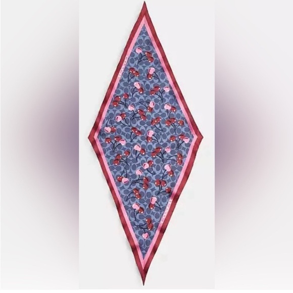 Coach 100% Silk Denim Blue Cherries Scarf/Twilly NWT - Picture 1 of 3